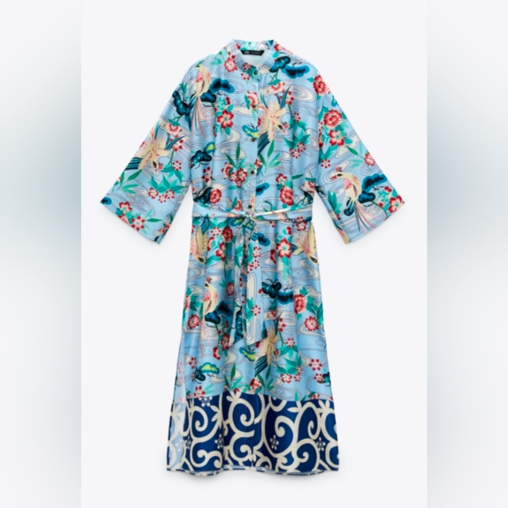NWT Zara Women's Printed Kimono Blue Shirt Dress With Belt Medium - Picture 2 of 7